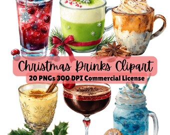 Watercolor Christmas Drinks Clipart, Holiday Hot Cocoa & Festive Beverages PNG Set, Commercial Use, Digital Download for Crafts