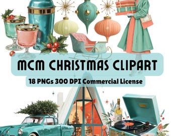 Mid Century Modern Christmas Clipart, Retro 1950s Holiday PNGs, Vintage Xmas Art, MCM Holiday, Commercial Use, Digital Download for Crafts