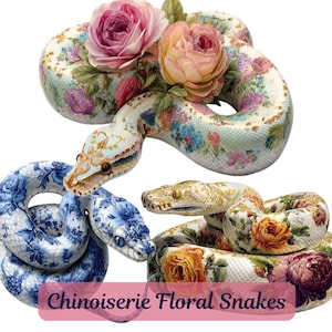Chinoiserie Snake Clipart Bundle, 15 Floral Gothic Serpent PNGs, Delft Blue Porcelain Boa Python Art, Commercial Use, Digital Download