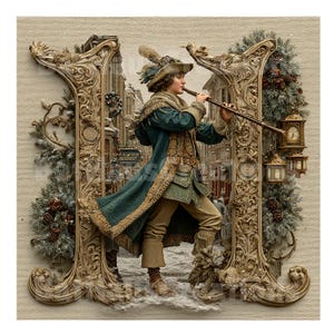 May include: An illustration of a person in historical attire playing a flute. The figure is set against a backdrop of ornate architectural elements and a wintery street scene. The color palette includes greens, golds, and creams, creating a vintage aesthetic.