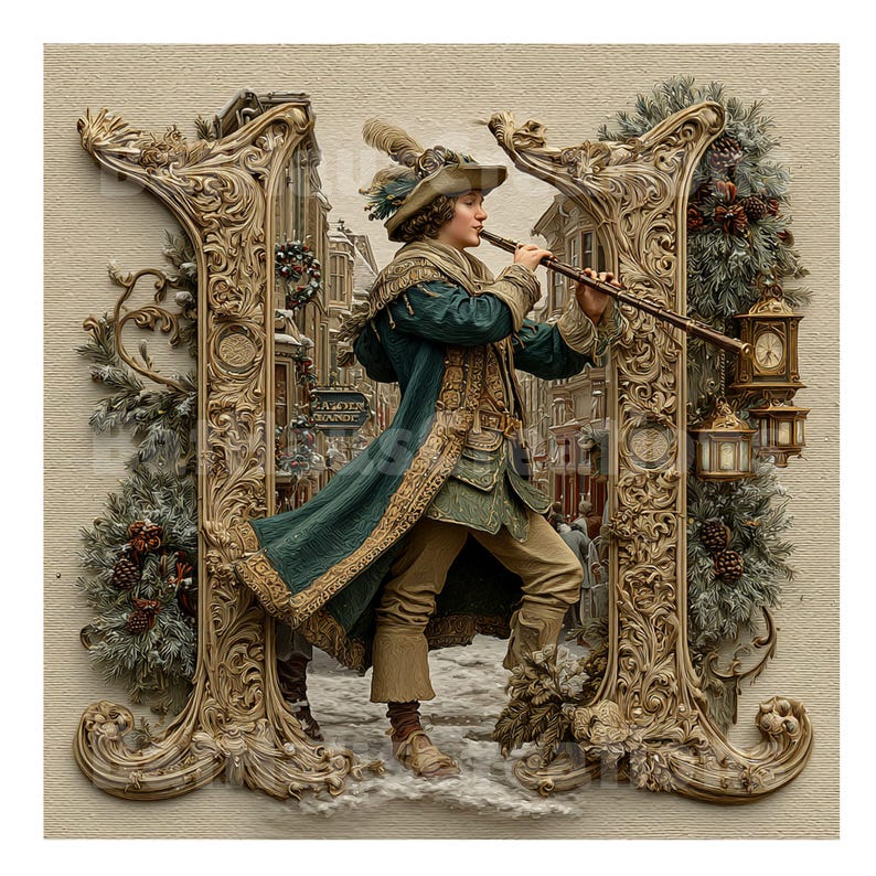 May include: An illustration of a person in historical attire playing a flute. The figure is set against a backdrop of ornate architectural elements and a wintery street scene. The color palette includes greens, golds, and creams, creating a vintage aesthetic.