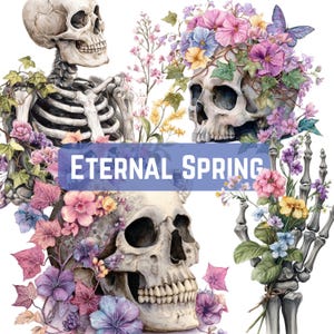 Paquete de imágenes prediseñadas de calaveras florales góticas, conjunto PNG de acuarela botánica oscura, huesos, flores y hiedra, lápidas, uso comercial, descarga digital