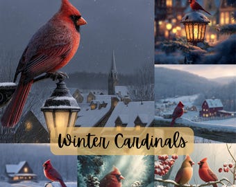 May include: A collage of winter scenes featuring vibrant red cardinals. The images depict the birds perched on snowy branches, mailboxes, and lampposts, set against winter landscapes. The text "Winter Cardinals" is displayed on a golden banner.