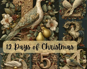 12 Days of Christmas Vintage Storybook Illustrations, Ornate Holiday Art Prints, Commercial Use, Digital Download for Xmas Cards, Crafts