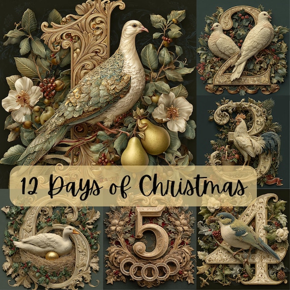 12 Days of Christmas Vintage Storybook Illustrations, Ornate Holiday Art Prints, Commercial Use, Digital Download for Xmas Cards, Crafts