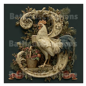May include: An ornate, gold-colored number three is decorated with a rooster, a basket of berries, and foliage. The rooster has cream-colored feathers, a red comb, and a blue tail. A red ribbon is at the bottom of the number, and the background is a dark teal.