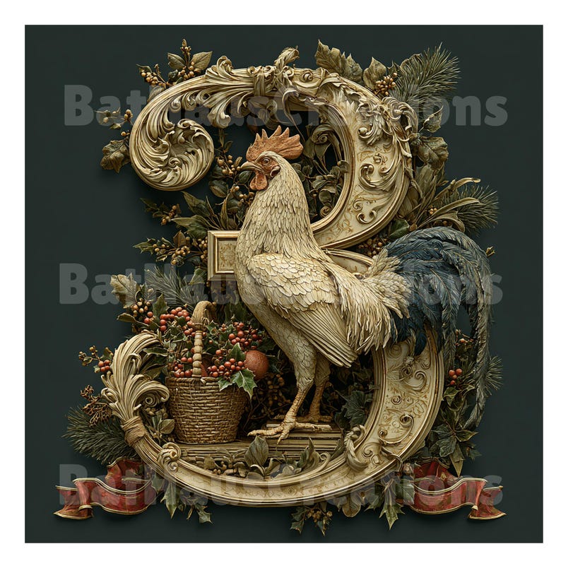 May include: An ornate, gold-colored number three is decorated with a rooster, a basket of berries, and foliage. The rooster has cream-colored feathers, a red comb, and a blue tail. A red ribbon is at the bottom of the number, and the background is a dark teal.