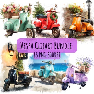 Watercolor Vespa Clipart Bundle: Vintage Scooter PNG Set (Digital Download