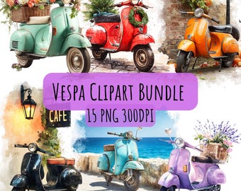 Watercolor Vespa Clipart Bundle, Vintage Scooter 15 PNG Set, Commercial License, Digital Download for Crafts, Junk Journals & Sublimation