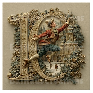 May include: A decorative artwork featuring a man in a red coat and green pants leaping within a large, ornate letter "10". The background shows a winter scene with a castle and snow-covered trees. The artwork has a vintage, detailed style.