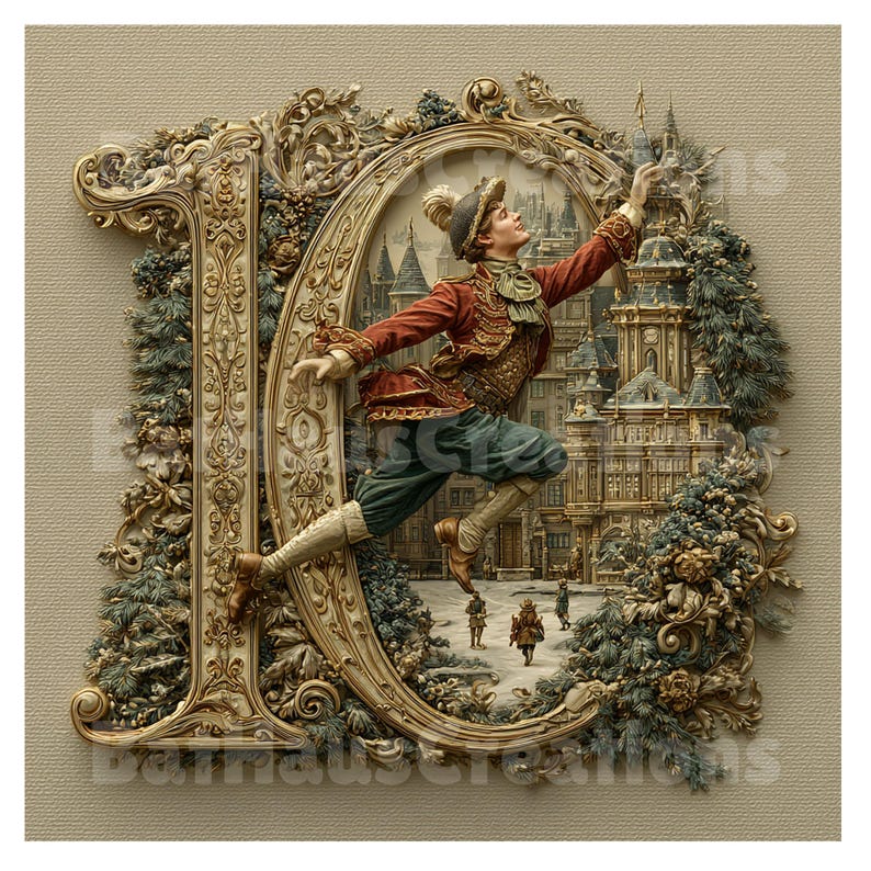 May include: A decorative artwork featuring a man in a red coat and green pants leaping within a large, ornate letter "10". The background shows a winter scene with a castle and snow-covered trees. The artwork has a vintage, detailed style.