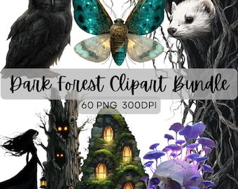 Witchy Dark Forest Clipart Bundle, 60 Enchanted Forest Elements & Creatures PNG Set, Digital Download for Crafts, Scene Building