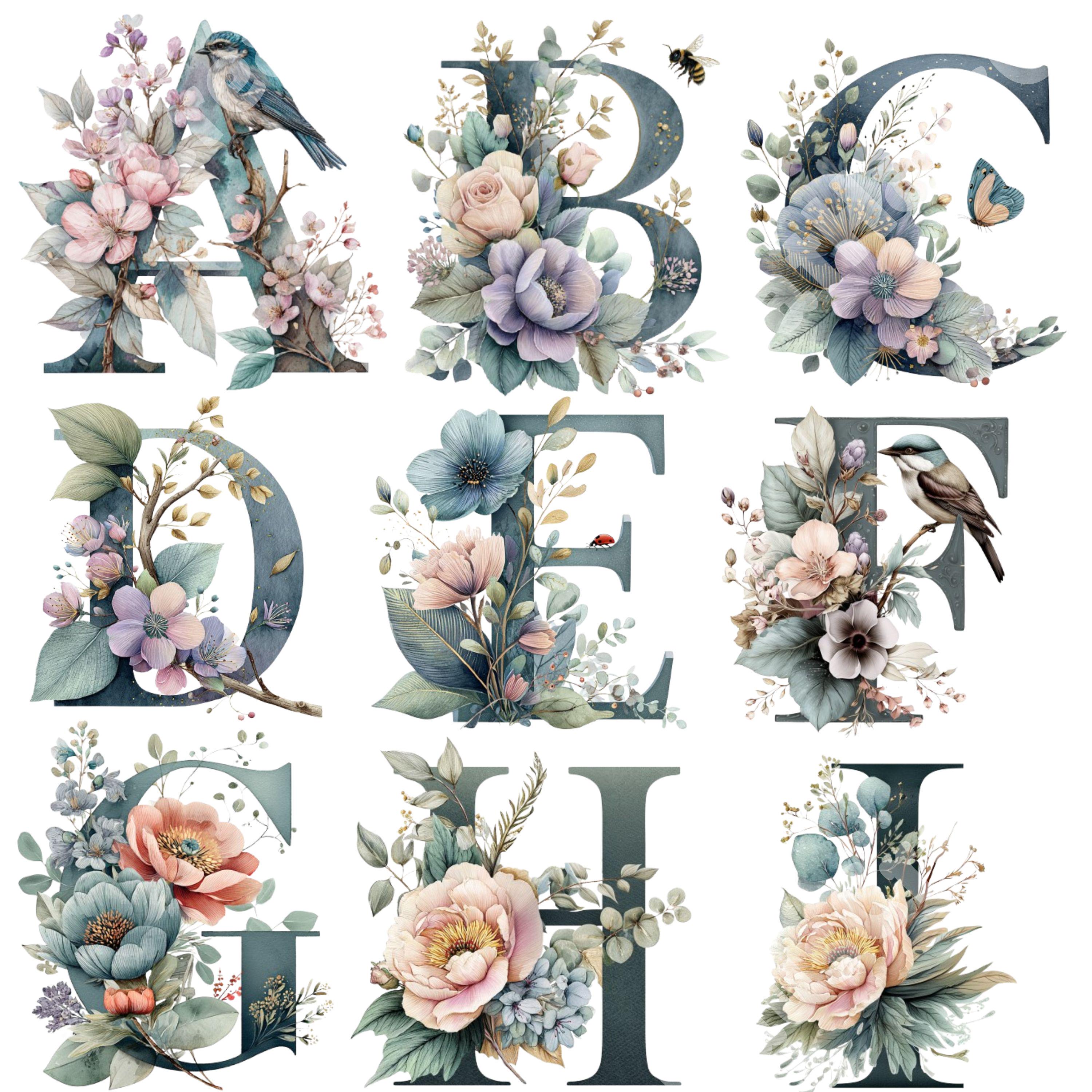 Botanic Lettering Floral Alphabet Clipart, Botanical Letters, Watercolor Initial PNG Set ...