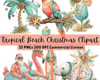 Tropical Christmas Beach Clipart Bundle, Watercolor Coastal Holiday PNG Set, Xmas Sea Life, Commercial Use, Digital Download for Crafts
