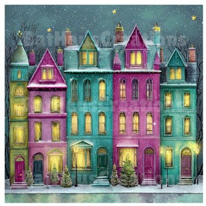 May include: Watercolor illustration of a row of colorful houses in a winter scene. The houses are painted in shades of teal, pink, and purple, with snow falling and lights glowing in the windows. Small Christmas trees are in front of some of the houses.