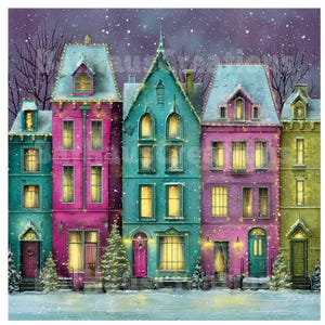 May include: A colorful illustration of a row of houses in a winter scene. The houses are painted in vibrant shades of teal, pink, purple, and green, with string lights and Christmas trees. Snow falls gently against a dark purple sky.