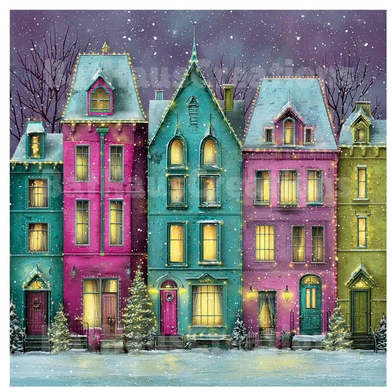 May include: A colorful illustration of a row of houses in a winter scene. The houses are painted in vibrant shades of teal, pink, purple, and green, with string lights and Christmas trees. Snow falls gently against a dark purple sky.