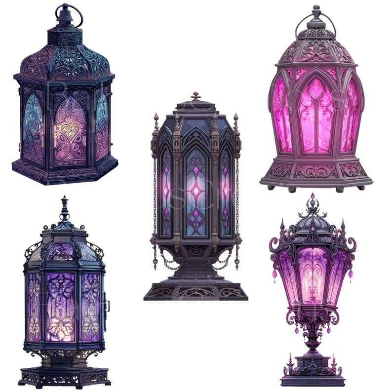 Gothic Lamp Vector Gothic Lantern Clipart Bundle, 30 PNG Set of Colorful Lamps, Commercial ...