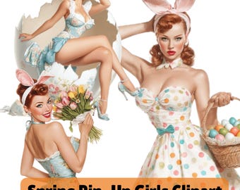 Pacchetti di clipart di ragazze pin-up primaverili, 11 PNG pasquali vintage, arte pin-up retrò anni '50, uso commerciale, download digitale per artigianato