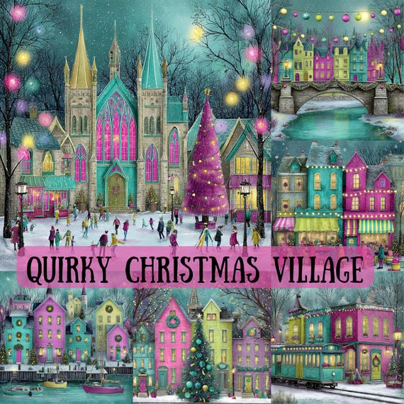 Quirky Christmas Village Scenes, Colorful Holiday Village Art, Pink Christmas, Commercial Use, Digital Download for Crafts, Christmas Cards