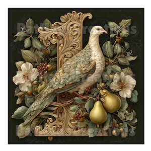May include: An ornate illustration features a white dove with teal and gold detailing, perched amidst green foliage, pears, and white flowers. A decorative gold frame forms the backdrop, set against a dark, patterned background. The artwork evokes a vintage, botanical theme.