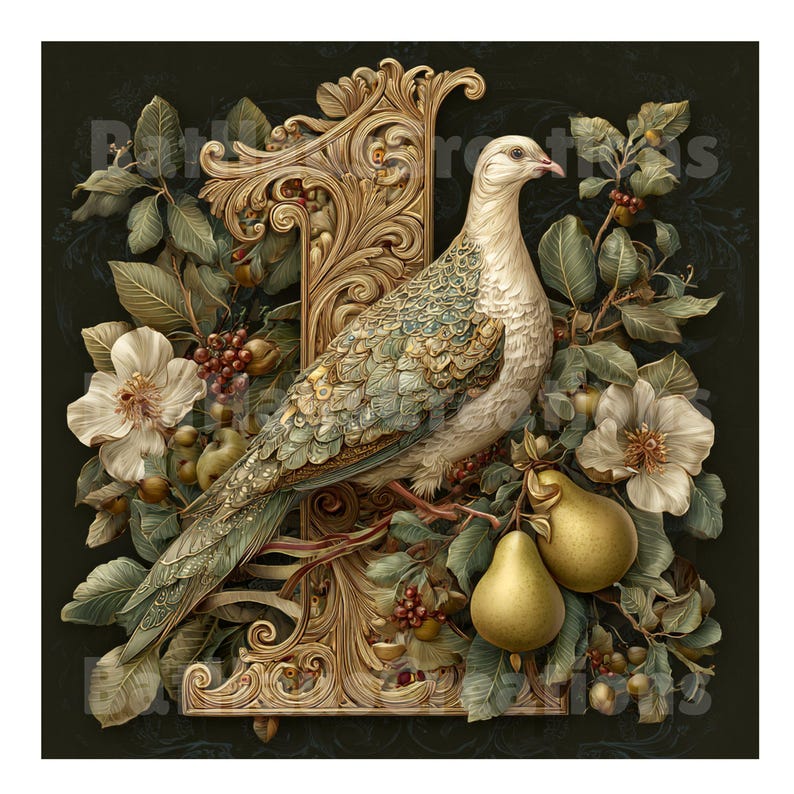 May include: An ornate illustration features a white dove with teal and gold detailing, perched amidst green foliage, pears, and white flowers. A decorative gold frame forms the backdrop, set against a dark, patterned background. The artwork evokes a vintage, botanical theme.