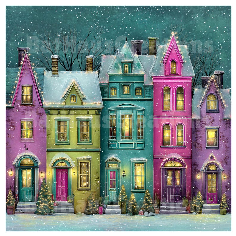 May include: A colorful illustration of a row of houses in a winter scene. Each house is painted a different color, including purple, green, teal, and pink, and is decorated with Christmas lights and small Christmas trees.