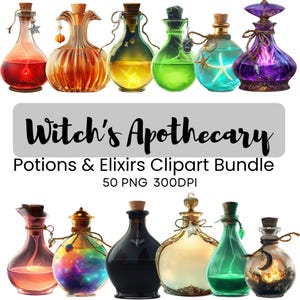 May include: A collection of colorful potion bottles with cork stoppers. The image includes bottles filled with red, orange, yellow, green, and purple liquids. Text reads "Witch's Apothecary Potions & Elixirs Clipart Bundle."