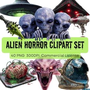 May include: A digital clipart set featuring alien-themed horror elements. The image includes three blue-skinned aliens, a brain in a cage, a monster with glowing eyes, and a ray gun. Text reads "ALIEN HORROR CLIPART SET".