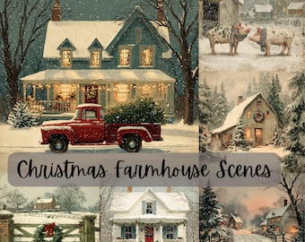 Vintage Farmhouse Christmas Postcard Scenes, Rustic Holiday Winter Farmhouse Images, Commercial Use, Digital Download for Crafts
