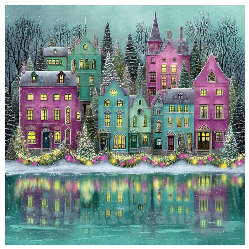 May include: A colorful illustration of a row of houses in a winter scene. The houses are painted in shades of pink, teal, and green, with lit windows. The scene includes snow-covered ground, evergreen trees, and a reflective body of water.