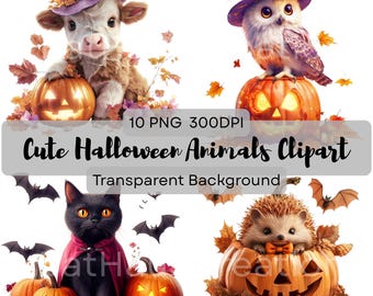 Cute Halloween Animal Clipart Bundle, PNG Set of Quirky Animals with Pumpkins, Fall Woodland Creatures with Costumes, Digital Download