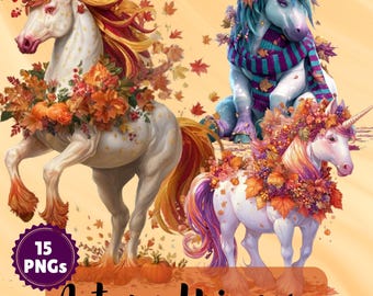 Könnte beinhalten: Drei Einhörner, verziert mit Herbstblättern, Kürbissen und Beeren. Ein Einhorn hat eine rot-gelbe Mähne, ein anderes trägt einen blau-lila gestreiften Schal und das dritte hat einen Blumenkranz. Text: 15 PNGs Autumn Unicorns.