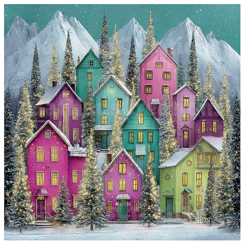 May include: A colorful winter village scene with snow-covered rooftops and mountains in the background. The houses are painted in shades of pink, purple, green, and teal, with lit windows and decorated Christmas trees. A festive and whimsical illustration.