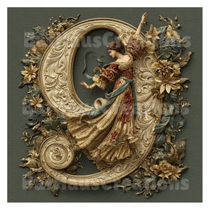 May include: An ornate, gold-colored number nine with a woman in a flowing gown, surrounded by floral and leaf embellishments. The woman is in a dancing pose, with her arms raised. The background is a muted green.