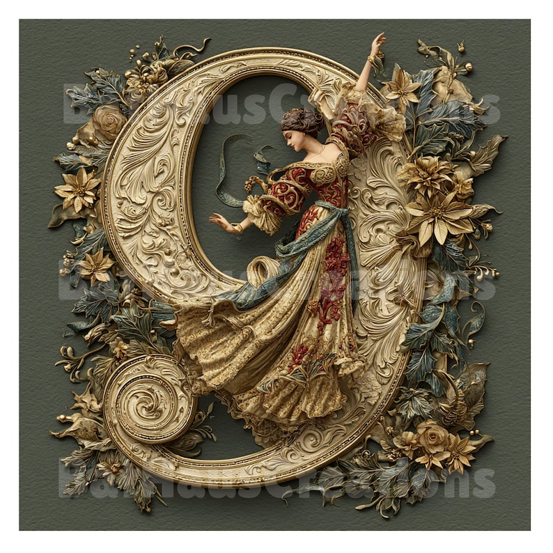 May include: An ornate, gold-colored number nine with a woman in a flowing gown, surrounded by floral and leaf embellishments. The woman is in a dancing pose, with her arms raised. The background is a muted green.