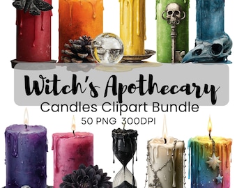 May include: A collection of colorful candles with various decorative elements, including a moth, pinecone, skull key, and a raven skull. The image includes the text "Witch's Apothecary Candles Clipart Bundle".