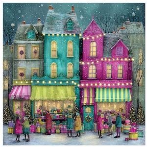 May include: A watercolor illustration of a snowy Christmas scene featuring colorful buildings with string lights and awnings. People are gathered in front of shops filled with gifts. Christmas trees and presents are visible, creating a festive atmosphere.