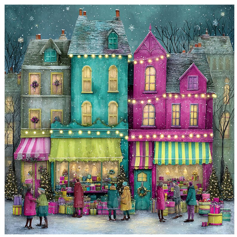 May include: A watercolor illustration of a snowy Christmas scene featuring colorful buildings with string lights and awnings. People are gathered in front of shops filled with gifts. Christmas trees and presents are visible, creating a festive atmosphere.