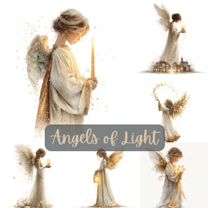 May include: A collection of watercolor illustrations featuring angels with golden wings and flowing white robes. The angels are holding candles, lanterns, and stars, with the text "Angels of Light" displayed on a gray banner.