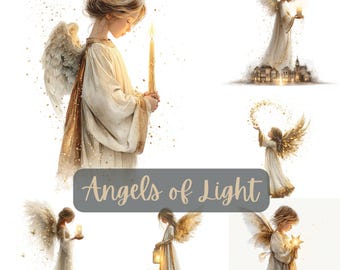 Angels of Light, Ethereal Watercolor Angel JPGs, Gold Christmas & Holiday Religious Art, Commercial Use, Digital Download for Cards, Crafts