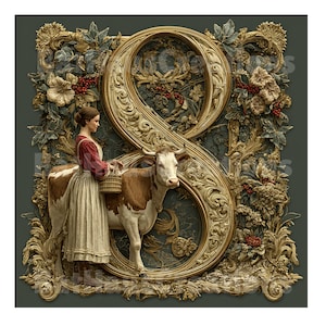 May include: An ornate illustration featuring a woman in a red and white dress with a basket, standing beside a brown and white cow. A large, gold-colored number eight frames the scene, surrounded by floral and foliage details.