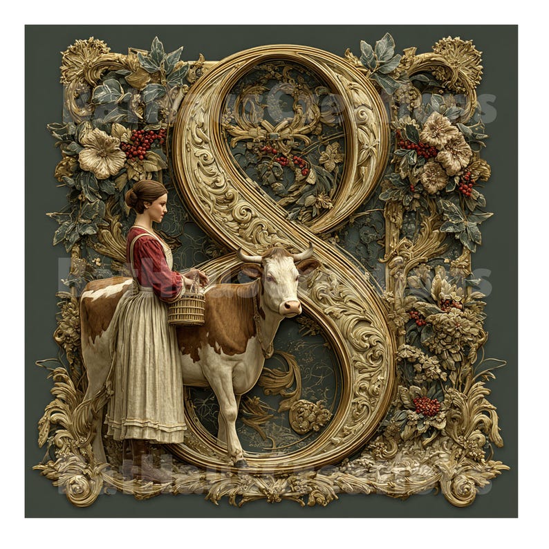 May include: An ornate illustration featuring a woman in a red and white dress with a basket, standing beside a brown and white cow. A large, gold-colored number eight frames the scene, surrounded by floral and foliage details.