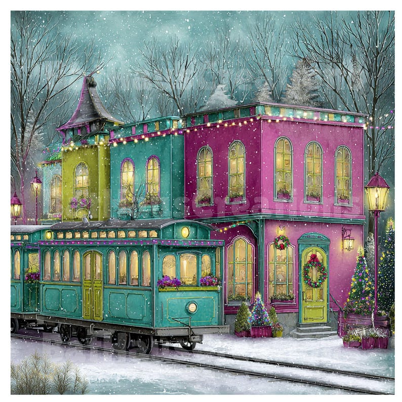May include: A whimsical illustration of a snow-covered town with a teal trolley car on tracks. Buildings are painted in vibrant colors: pink, teal, and yellow, adorned with Christmas lights and wreaths. The scene evokes a festive, winter holiday atmosphere.
