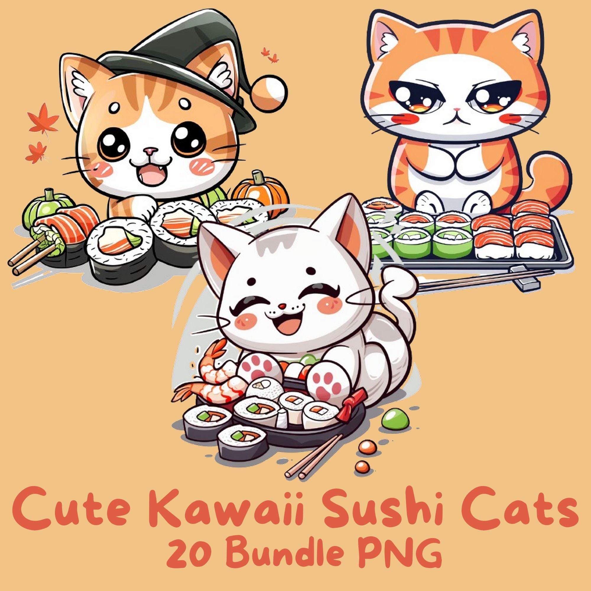 Kawaii Sushi Cat PNG Bundle, Cute Cats, Japanese Funny Cat Illustration ...