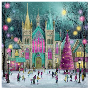 May include: An illustrated winter scene depicts a snow-covered town with a large church and a purple Christmas tree. People ice skate in the foreground. The church has teal and gold accents, and the windows glow pink. Colorful lights adorn the trees.