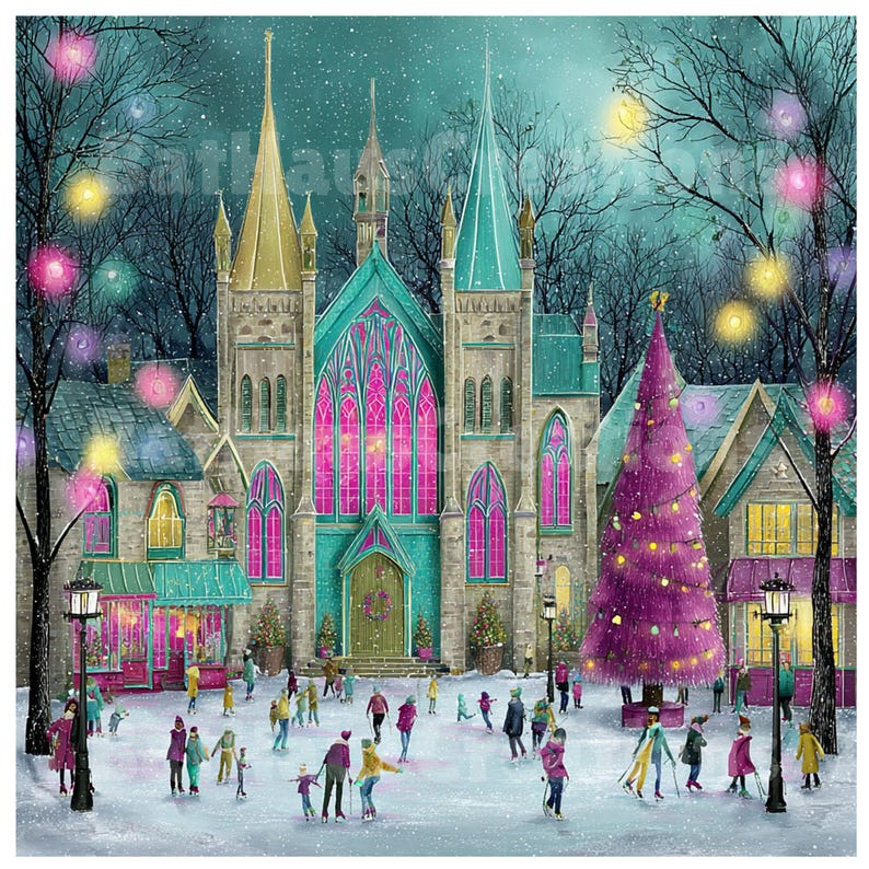 May include: An illustrated winter scene depicts a snow-covered town with a large church and a purple Christmas tree. People ice skate in the foreground. The church has teal and gold accents, and the windows glow pink. Colorful lights adorn the trees.