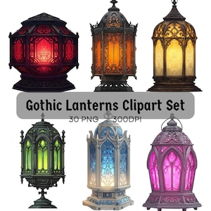 May include: A collection of six gothic lanterns in various colors, including red, orange, yellow, green, blue, and purple. The lanterns have intricate designs and are illuminated from within. Text on the image reads "Gothic Lanterns Clipart Set 30 PNG 300DPI."