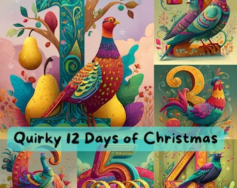 12 Days of Christmas Quirky Illustrations, Colorful Holiday Art Prints, Commercial Use, Digital Download for Xmas Cards & Crafts