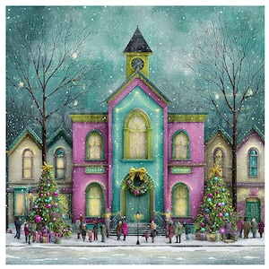 May include: A watercolor painting of a festive Christmas scene. A teal and pink building with a clock tower is the focal point, adorned with a wreath and string lights. Christmas trees and people are in front of the building, with snow falling.